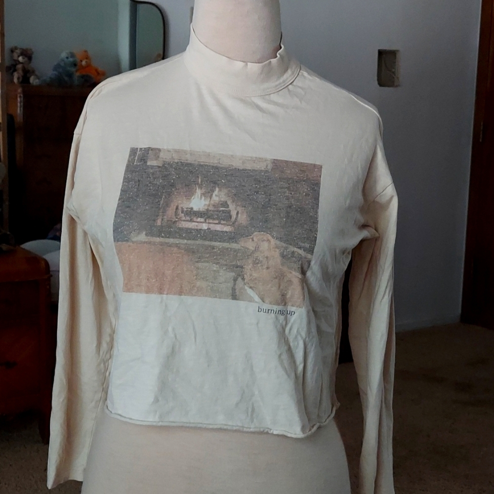 Aerie Boxy Cropped Mock Neck Tee Fireplace Golden Retriever "burning up" XS